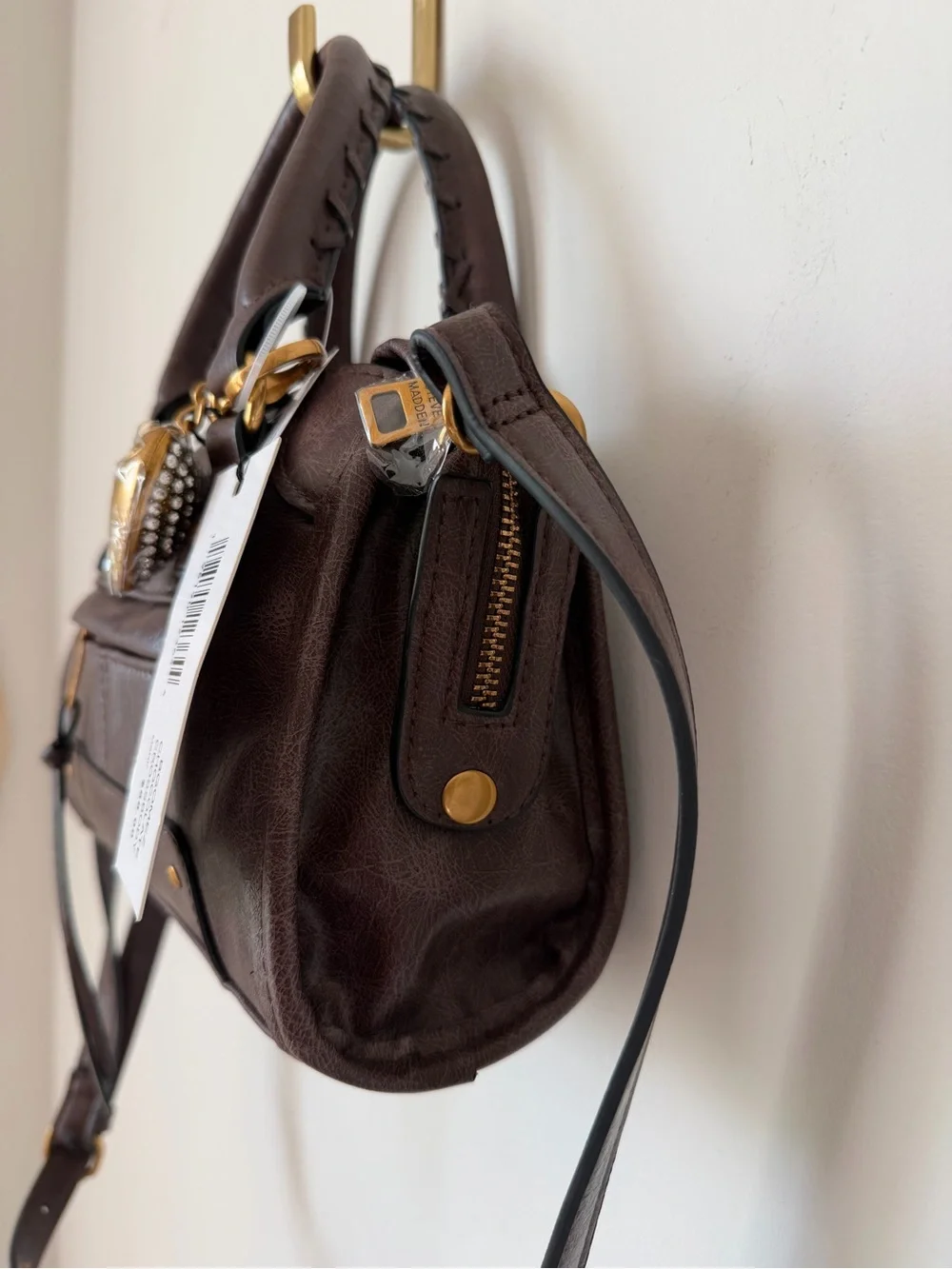 Brown Leather Mini Satchel bag with rhinestone heart charm gold hardware